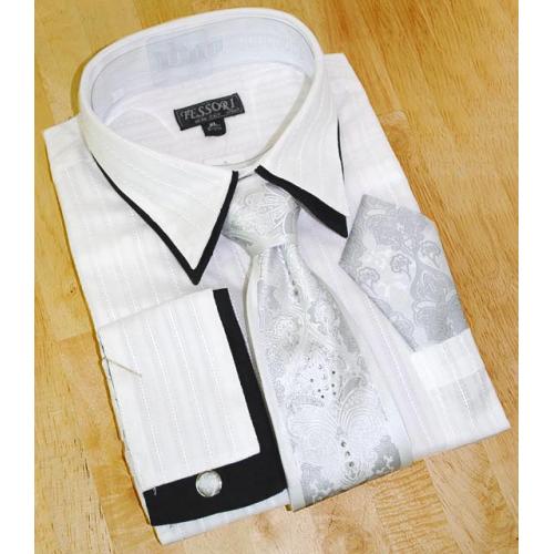 Tessori White/Black Woven Stripes Double Collar Shirt with Rhine Stones Tie/Hanky Set SH-10